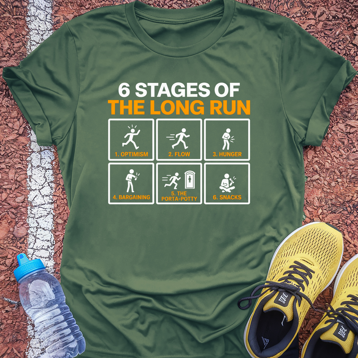 6 Stages of the Long Run T-Shirt - Military Green
