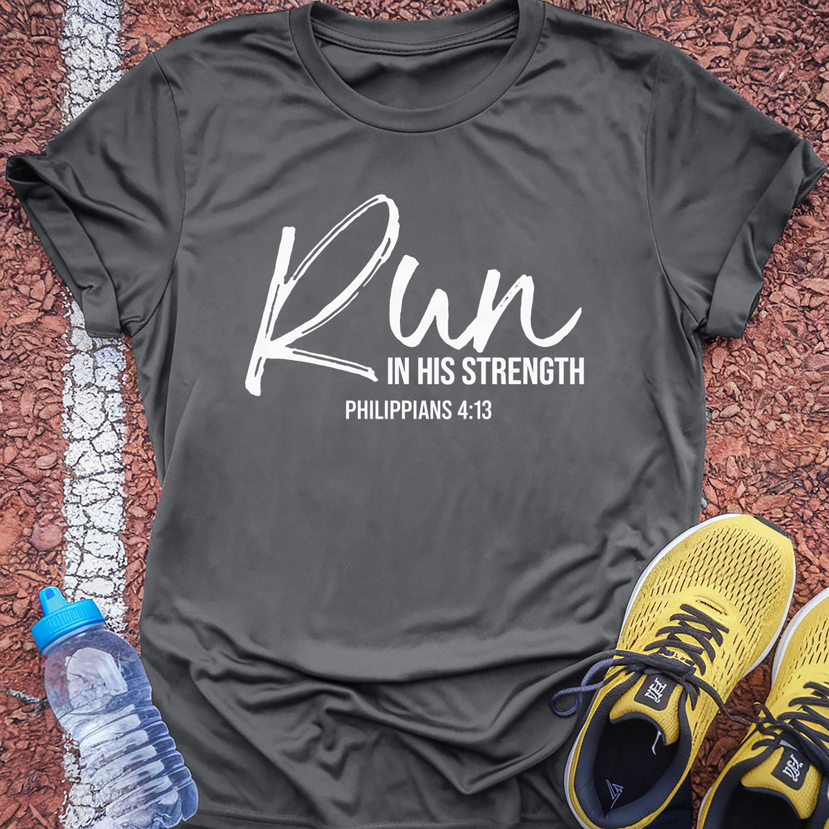 Run In His Strength Tech Tee - Grey Concrete