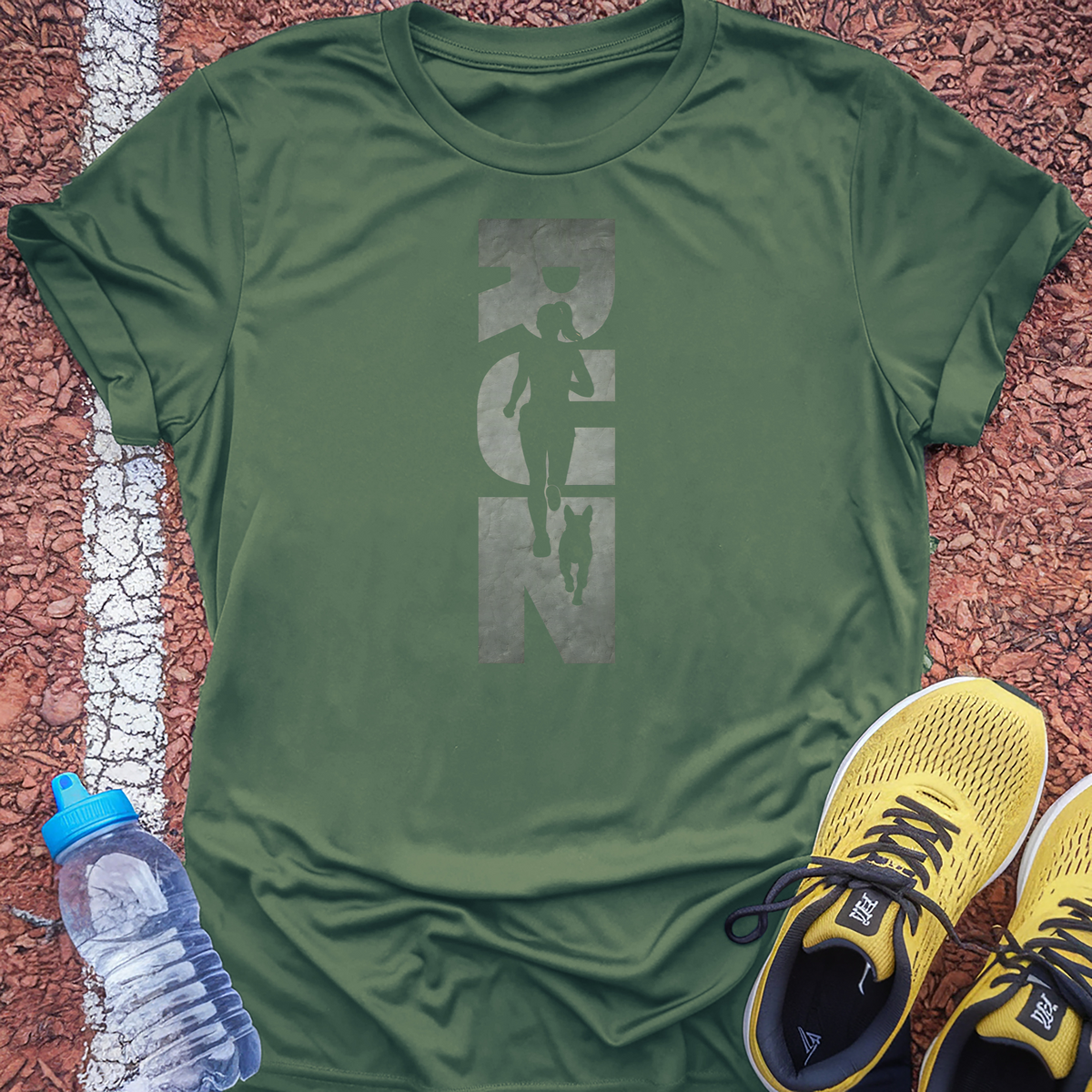 Running Woman and Dog T-Shirt - Military Green